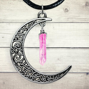 Pink Aura Quartz point Silver Celtic Moon Pendant
